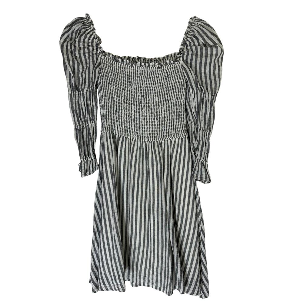Aqua Gray & White Stripe Cotton Square Neck Smocked Lined Peasant Dress Size S - Picture 4 of 8